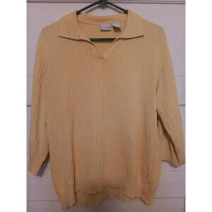 KIM ROGERS Women's Long Sleeve, Collared V-Neck, Yellow Cable Knit Sweater XL